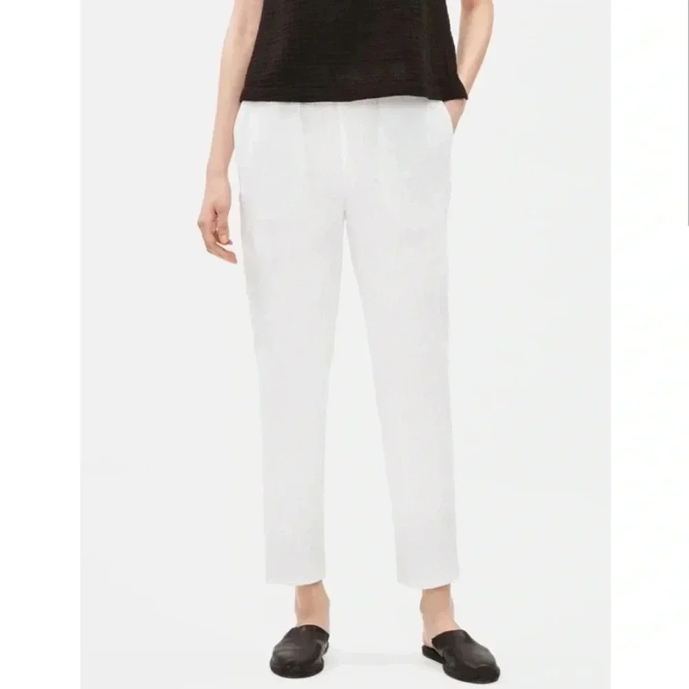 EILEEN FISHER NEW Organic Cotton Gauze Easy Fit Tapered Pants White S - Picture 3 of 6